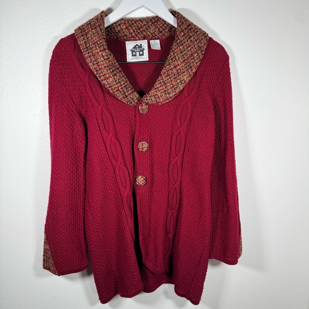 Vintage Storybook Knits Cardigan Burgundy Cable Knit Sweater Plaid Collar Button